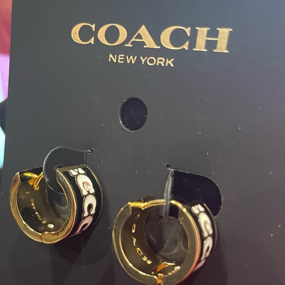 Elegant Coach Gold and Black with White Letter C’s Earrings New.Style Huggies - Picture 7 of 8